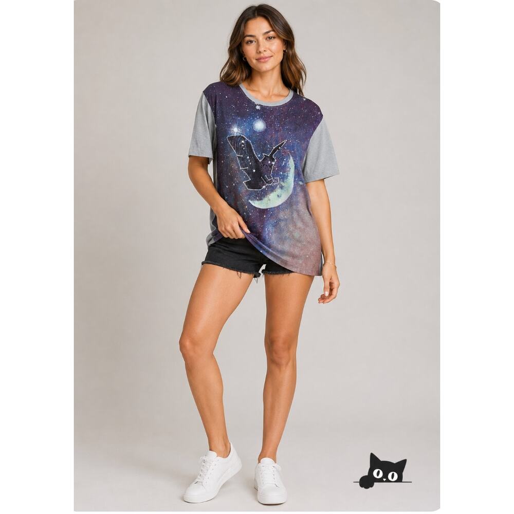 Singha Gray Multi-Color Owl Moon Graphic Tee Stars Rainbow Ltd Edition Sretsis L - Picture 5 of 12